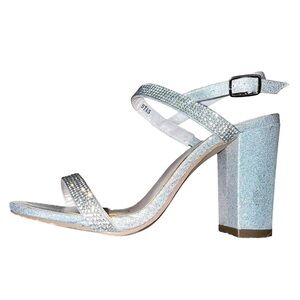 David’s Bridal Heels  silver sequined rhinestone chunky heel open toe strap SZ 6